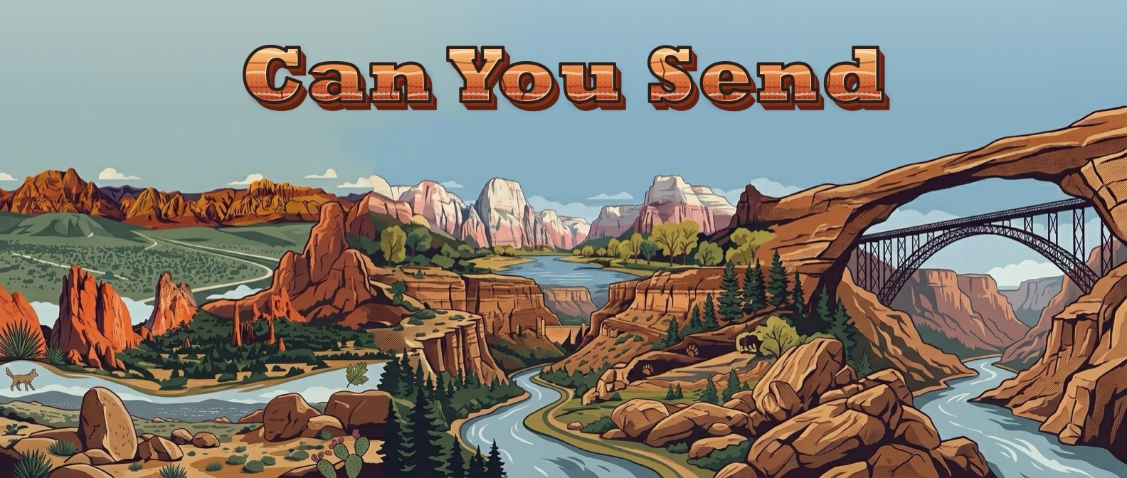Can You Send: poster-style panorama of sandstone climbing areas